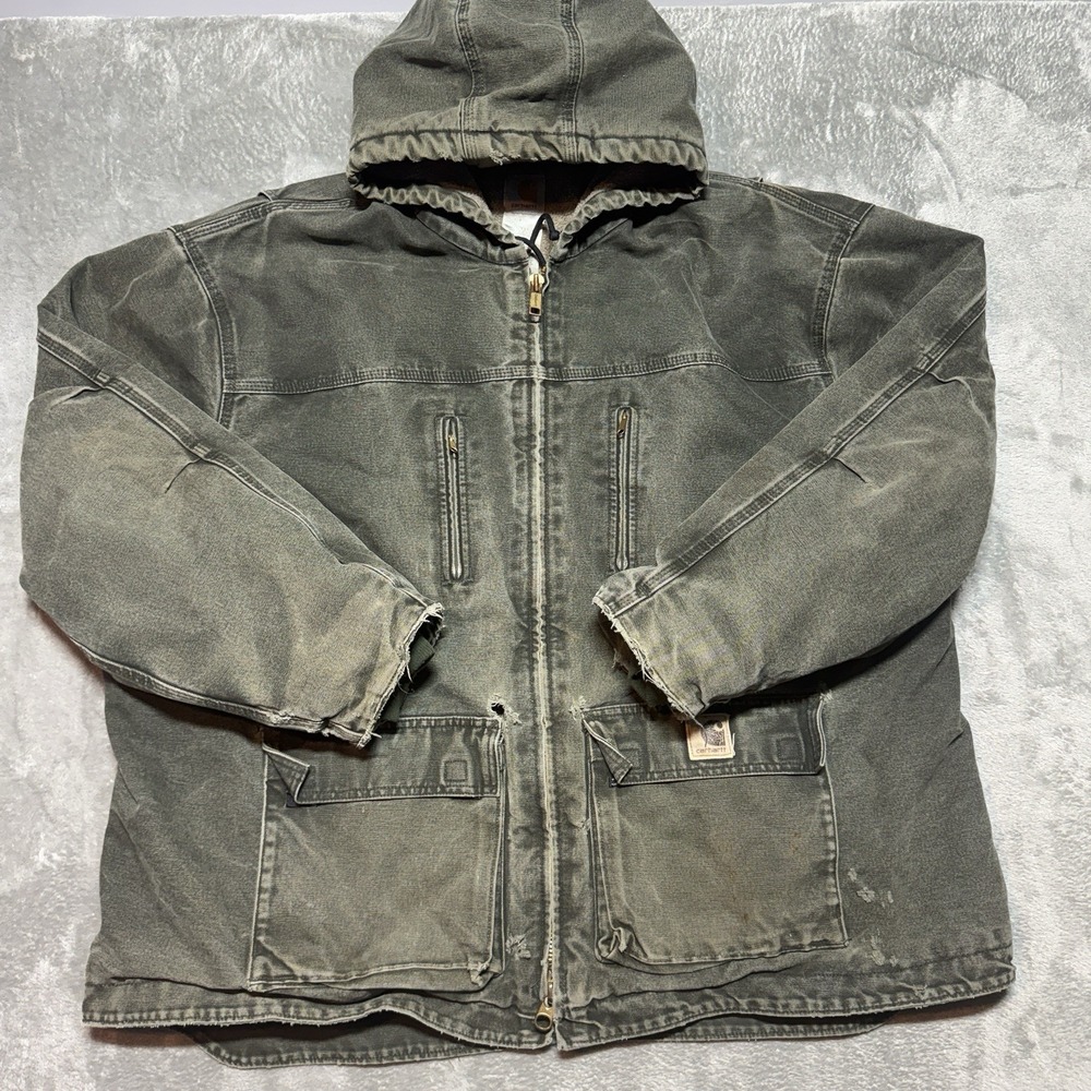 Vintage Green Carhartt Hooded Sherpa Lined Jacket Size 3XL C95 MOS Distressed